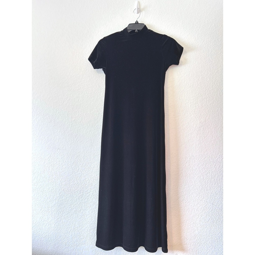 Whimsgoth Witchy Vintage Tessuto Black Liquid Velvet‎ Mock Neck Maxi Dress SZ LP